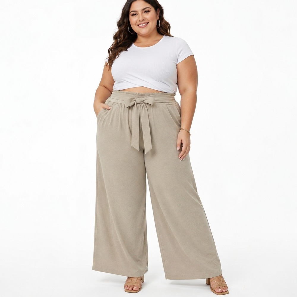 Showmall Womens Pants Size 3X Beige Paperbag Waist Knot Wide Leg Casual Elastic